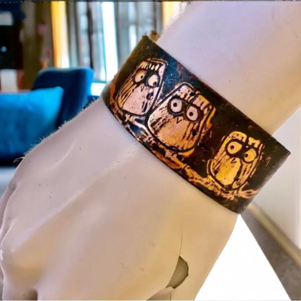 Copper Cuff Bracelet OWLS Carved Signed GPW